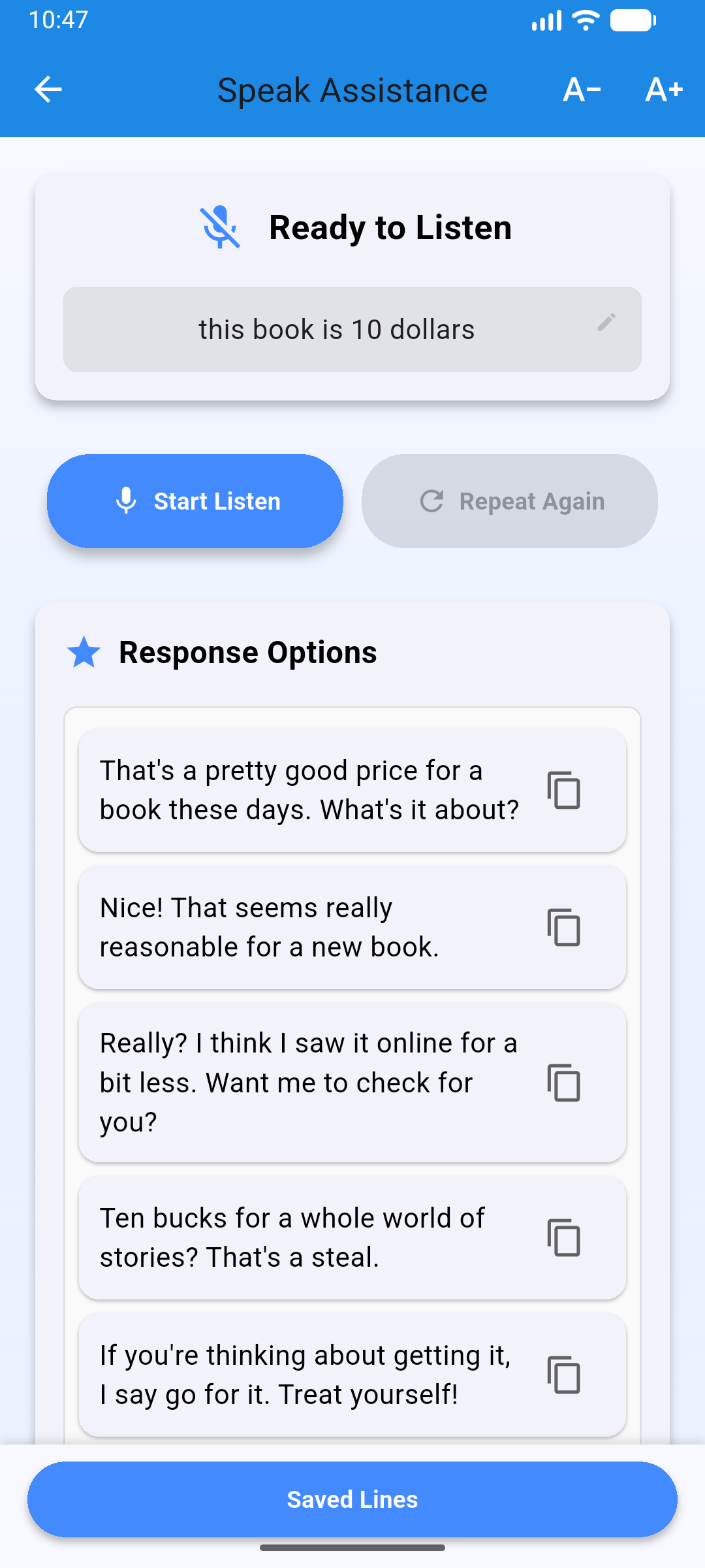Example of Start Listen responses in Say It For Me